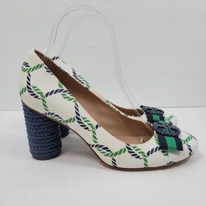 Tory Burch Maritime Pumps Rope Accent Women's White/Green/Navy Shoes US Size 7.5